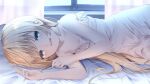  1girl bare_shoulders bed_sheet blonde_hair blue_eyes commission hair_between_eyes indie_virtual_youtuber jun_(sky_ia_127_snow) long_hair looking_at_viewer lying nanami_yuki_(vtuber) on_side open_mouth skirt solo 