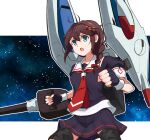  1girl adapted_turret ahoge black_gloves black_serafuku black_shirt black_skirt blue_eyes braid brown_hair cannon commentary_request gloves hair_flaps hair_over_shoulder kantai_collection kuroten long_hair machinery neckerchief pleated_skirt red_neckerchief sailor_collar school_uniform serafuku shigure_(kancolle) shigure_kai_ni_(kancolle) shirt single_braid skirt solo thigh_strap turret white_sailor_collar 