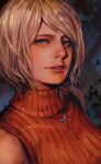  1girl ashley_graham bare_shoulders blonde_hair blue_eyes dark_background hankuri looking_at_viewer orange_sweater parted_lips portrait realistic resident_evil resident_evil_4 resident_evil_4_(remake) short_hair sleeveless solo sweater swept_bangs 