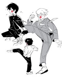  3boys closed_mouth commentary english_commentary formal full_body gakuran greyscale hand_up highres jacket kageyama_ritsu kageyama_shigeo kicking long_sleeves male_focus mob_psycho_100 monochrome mp100days multiple_boys necktie pants reigen_arataka school_uniform shoes short_hair simple_background spot_color standing standing_on_one_leg suit white_background 