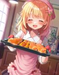  1girl apron black_skirt blurry blurry_background blush bread buttons closed_eyes collarbone facing_viewer food gochuumon_wa_usagi_desu_ka? hair_ornament hairclip highres hoto_cocoa indoors mozukun43 open_mouth orange_hair oven_mitts picture_(object) pink_apron shirt short_hair signature skirt smile solo white_shirt window 