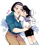  1boy 1girl aged_down black_hair brown_eyes child diamond_wa_kudakenai hairband hat hatoyama_itsuru higashikata_josuke higashikata_tomoko hug jojo_no_kimyou_na_bouken kiss kissing_cheek large_forehead lipstick makeup mother_and_son pompadour sailor_collar sailor_hat short_hair shorts 