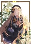 1girl abigail_williams_(fate) absurdres black_bow black_dress black_headwear black_ribbon blonde_hair bow bug butterfly catmelon_(user_melon010203) closed_eyes dress fate/grand_order fate_(series) flower forehead hair_bow highres long_hair multiple_hair_bows orange_bow orange_ribbon ribbon simple_background sleeves_past_fingers sleeves_past_wrists smile solo stuffed_animal stuffed_toy teddy_bear very_long_hair 