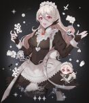  3girls alternate_costume apron aqua_eyes black_dress black_gloves black_thighhighs blue_hair blush breasts bridal_garter brooch character_name chibi closed_mouth commentary corrin_(female)_(fire_emblem) corrin_(fire_emblem) cosplay dress feather_trim felicia_(fire_emblem) fffera fire_emblem fire_emblem_fates flora_(fire_emblem) flora_(fire_emblem)_(cosplay) gloves grey_eyes grey_hair hair_between_eyes highres jewelry juliet_sleeves long_hair long_sleeves looking_at_viewer maid maid_headdress medium_breasts multiple_girls one_eye_closed open_mouth pink_hair pointy_ears ponytail puffy_sleeves red_eyes smile thigh-highs twintails waist_apron 
