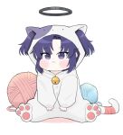  1girl :&lt; alternate_costume animal_costume blue_archive blush_stickers cat_costume chibi commentary_request halo highres long_hair long_sleeves looking_at_viewer parted_bangs puffy_cheeks purple_hair sidelocks simple_background sitting solo spread_legs two_side_up violet_eyes yarn yarn_ball yosik yuuka_(blue_archive) 