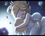  1girl aged_down bare_shoulders blonde_hair closed_eyes crown dress eyelashes haniwa_(8241427) highres hug long_hair luma_(mario) night night_sky open_mouth rosalina sky sleeveless sleeveless_dress star_bit super_mario_bros. super_mario_galaxy teeth upper_teeth_only white_dress 