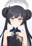  1girl :d black_dress black_hair blue_archive butterfly_hair_ornament china_dress chinese_clothes commentary double_bun dress grey_eyes hair_bun hair_ornament halo hands_on_own_chest highres kisaki_(blue_archive) long_hair looking_at_viewer senapops short_hair sidelocks simple_background sleeveless sleeveless_turtleneck_dress smile solo twintails white_background 