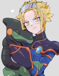  1boy blonde_hair blue_coat coat cyclizar facepaint gloves gohan_(horth-waribasi) heart highres holding holding_pokemon long_sleeves looking_at_viewer male_focus pokemon pokemon_(creature) pokemon_(game) pokemon_colosseum pokemon_sv short_hair smile upper_body wes_(pokemon) yellow_eyes 