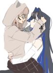  2girls adjusting_another&#039;s_eyewear animal_ears blue_hair blunt_bangs brown_eyes brown_hair brown_hoodie brown_skirt detached_sleeves ears_through_headwear eus_ing glasses hair_intakes hime_cut hololive hololive_english hood hood_up hoodie hug long_hair multicolored_hair multiple_girls nanashi_mumei official_alternate_costume ouro_kronii oversized_clothes plaid plaid_skirt shirt sidelocks sitting sitting_on_lap sitting_on_person sketch skirt sleeves_past_wrists streaked_hair sweatdrop virtual_youtuber white_shirt 