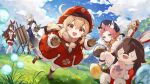  1boy 3girls albedo_(genshin_impact) amber_(genshin_impact) animal_ear_fluff animal_ears baron_bunny_(genshin_impact) basket blue_sky brown_gloves brown_hair brown_scarf brown_shorts cabbie_hat canvas_(object) cat_ears cat_girl clouds clover_print coat crossed_bangs dandelion diona_(genshin_impact) easter easter_egg egg flower genshin_impact gloves goggles goggles_around_neck grass hair_ribbon hat hat_feather hat_ornament highres holding holding_palette hooded_coat klee_(genshin_impact) light_brown_hair low_twintails multiple_girls necomi o_o open_mouth outdoors paint palette_(object) pink_hair pointy_ears red_coat red_headwear red_ribbon red_thighhighs ribbon scarf scenery short_shorts shorts sky stuffed_animal stuffed_rabbit stuffed_toy thick_eyebrows thigh-highs twintails white_coat 