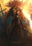  1boy artist_name black_hair character_name copyright_name cross demon_of_hatred fire from_behind highres holding holding_sword holding_weapon horns long_hair looking_at_another monster redhead sekiro sekiro:_shadows_die_twice sharp_teeth short_hair sword teeth tripdancer weapon 