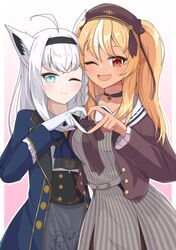  2girls ahoge animal_ear_fluff animal_ears ascot belt black_hairband blonde_hair blue_ascot blue_jacket blush braid brown_jacket choker commentary_request corset dress fox_ears fox_girl gloves green_eyes grey_dress grey_skirt hair_between_eyes hairband heart heart_hands heart_hands_duo highres hololive jacket kogasa523 long_hair looking_at_viewer multiple_girls one_eye_closed open_mouth pointy_ears red_eyes shirakami_fubuki shiranui_flare shirt sidelocks single_braid skirt smile virtual_youtuber white_gloves white_hair white_shirt 