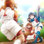  1boy 3girls :t absurdres artist_name baseball_bat baseball_catchers_mask baseball_helmet baseball_mitt bike_shorts bike_shorts_under_shorts blue_footwear blue_headwear blue_shorts blue_sky blue_socks blurry blurry_foreground brown_hair clouds cloudy_sky commentary dated day delicious_party_precure depth_of_field frown futari_wa_precure_splash_star hair_tie helmet highres holding holding_baseball_bat hyuuga_saki layered_sleeves leaning_forward long_sleeves low_twintails medium_hair motion_blur multiple_girls nagomi_yui one_side_up orange_hair outa_yuuko outdoors pitching precure red_footwear red_headwear red_shorts satou_yasu series_connection shoes short_over_long_sleeves short_sleeves shorts signature sky sneakers socks softball softball_uniform sportswear squatting standing standing_on_one_leg twintails umpire v-shaped_eyes violet_eyes visor_cap white_shorts white_socks 