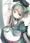  1girl absurdres apron black_headwear closed_mouth commentary_request dress green_dress green_eyes green_hair hat highres kanzakietc long_hair looking_at_viewer one-hour_drawing_challenge short_sleeves sidelocks smile solo tate_eboshi teireida_mai touhou waist_apron 
