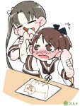  2girls ayanami_(kancolle) brown_hair brown_sailor_collar cat child&#039;s_drawing closed_eyes commentary_request kantai_collection long_hair multiple_girls paper pencil ponytail restrained sailor_collar sailor_shirt school_uniform serafuku shikinami_(kancolle) shirt short_hair simple_background smile tsubutarou upper_body white_background white_shirt 