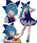  1girl absurdres alternate_hair_length alternate_hairstyle blue_eyes blue_hair bow cirno contrapposto cropped_torso eating food hair_bow highres holding holding_spoon ice ice_wings long_hair mikan_(manmarumikan) multiple_views omelet omurice short_hair simple_background spoon standing touhou upper_body v-shaped_eyebrows very_long_hair white_background wings 