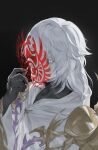  1boy absurdres ayaa_dj bishounen black_background black_gloves blue_eyes claws expressionless final_fantasy final_fantasy_xiv gloves highres long_hair looking_at_viewer male_focus robe simple_background solo themis_(ff14) white_hair white_robe 