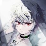  1boy accelerator_(toaru_majutsu_no_index) albino ambiguous_gender androgynous black_choker choker collarbone diagonal-striped_shirt electrodes expressionless hand_in_own_hair highres long_sleeves looking_at_viewer loose_clothes loose_shirt messy_hair pale_skin pillow portrait red_eyes sanpaku shadow shirt short_hair solo sunlight toaru_majutsu_no_index waking_up white_background white_hair yonabe 