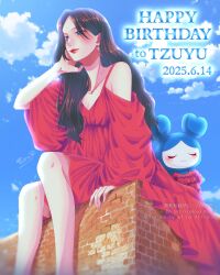  1girl animification aoi_toramatsu black_hair blue_eyes blush breasts closed_eyes clothing_cutout clouds collarbone creature dated dress earrings english_commentary hair_behind_ear hand_on_own_cheek hand_on_own_face happy_birthday highres jewelry k-pop long_hair real_life red_dress red_lips shoulder_cutout sitting sky small_breasts smile solo_focus twice_(group) twice_lovelys tzuvely_(twice) tzuyu_(twice) 