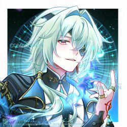  1boy absurdres anaxa_(honkai:_star_rail) artist_request black_coat border chinese_commentary coat commentary_request commission eyepatch green_hair hand_tattoo highres honkai:_star_rail honkai_(series) long_hair male_focus multicolored_eyes parted_lips second-party_source solo tattoo two-tone_eyes watermark white_border 