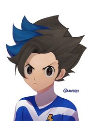  1boy absurdres black_hair blue_hair brown_eyes highres inazuma_eleven_(series) inazuma_eleven_go inazuma_eleven_go_galaxy matatagi_hayato multicolored_hair self-upload signature solo two-tone_hair 