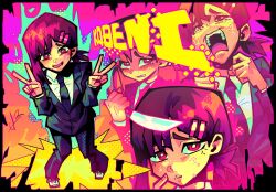  1girl alpharecdyt black_hair black_pants blazer breasts chainsaw_man character_name close-up collared_shirt commission cowboy_shot crying crying_with_eyes_open double_v english_commentary full_body grey_shoes hair_ornament hairclip higashiyama_kobeni highres holding holding_knife holding_weapon jacket knife looking_at_viewer mole mole_on_cheek mole_under_eye multiple_moles multiple_views nervous_smile nervous_sweating open_mouth pants polka_dot ponytail red_eyes shirt shoes short_hair short_ponytail small_breasts smile solo standing sweat sweatdrop tearing_up tears teeth upper_teeth_only v weapon white_shirt 