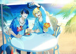  2boys :d beach black_hair blonde_hair blue_eyes blue_hair blue_shirt copyright_name day earrings highres innertube jacket jewelry lazaro_(pixiv_fantasia_age_of_starlight) long_hair multicolored_hair multiple_boys necklace ocean outdoors peili_(pixiv_fantasia_age_of_starlight) pixiv_fantasia pixiv_fantasia_age_of_starlight rezia scar scar_on_arm selfie shirt short_sleeves sitting smile streaked_hair stud_earrings swim_ring table white_jacket 