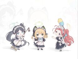  3girls :d :o absurdly_long_hair animal_ear_headphones animal_ears apron aqua_halo aris_(blue_archive) aris_(maid)_(blue_archive) back_bow black_boots black_dress black_shoes blonde_hair blue_archive blue_bow blue_bowtie blue_eyes blue_ribbon boots borrowed_clothes bow bowtie cat_ear_headphones cat_ears cat_tail chibi chibi_only chinese_commentary closed_mouth collared_dress commentary_request contrast_collar dot_mouth dress duster fake_animal_ears fake_tail forehead frilled_apron frilled_dress frills full_body green_eyes green_halo grey_eyes grey_hair hair_bow hair_ribbon halo hanchansiqingyun hand_on_own_hip headphones holding holding_duster holding_mop kei_(robot)_(blue_archive) leg_up long_hair long_sleeves looking_at_viewer maid maid_apron maid_headdress mary_janes midori_(blue_archive) midori_(maid)_(blue_archive) mop multiple_girls neck_ribbon official_alternate_costume official_alternate_hairstyle open_mouth pantyhose parted_bangs ponytail power_symbol puffy_long_sleeves puffy_short_sleeves puffy_sleeves rectangular_halo ribbon shadow shoes short_hair short_sleeves short_twintails sidelocks simple_background smile standing tail thumbs_up twintails v-shaped_eyebrows very_long_hair virtual_pet_(toy) white_apron white_background white_bow white_pantyhose yellow_halo yuzu_(blue_archive) yuzu_(maid)_(blue_archive) zoom_layer 