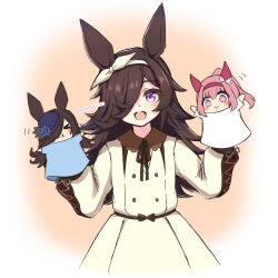  >_< 1girl animal_ears blush bow bow_hairband brown_dress brown_hair brown_ribbon casual closed_mouth collared_dress commentary_request dress ear_bow ear_covers flipped_hair flower-shaped_pupils flower_in_eye hair_over_one_eye hairband hand_puppet haru_urara_(umamusume) headband highres holding horse_ears horse_girl long_hair long_sleeves looking_at_viewer mottarerati_zu open_mouth pink_eyes pink_hair pink_headband ponytail puppet red_headband ribbon rice_shower_(casual)_(umamusume) rice_shower_(umamusume) smile solo symbol-shaped_pupils symbol_in_eye umamusume violet_eyes white_hairband 