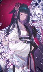  1girl absurdres arknights black_hair black_kimono black_sash blue_eyes blunt_bangs cherry_blossoms chest_sarashi chinese_commentary commentary_request cowboy_shot eyeshadow flower gloves hair_flower hair_intakes hair_ornament hair_wings highres holding holding_umbrella japanese_clothes kanzashi kimono long_hair long_sleeves looking_at_viewer makeup mio_(arknights) obiage obijime oil-paper_umbrella outdoors pink_flower red_eyeshadow sarashi sash solo split-color_clothes torii two-tone_kimono umbrella white_kimono yuzhouji_guguwang 