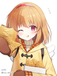  1girl ;q artist_name bag blurry blush brown_hair brown_mittens closed_mouth coat commentary depth_of_field flying_sweatdrops food hairband haruchimo highres holding holding_food hood hood_down hooded_coat kanon looking_at_viewer medium_hair mittens one_eye_closed paid_reward_available paper_bag red_eyes red_hairband revision ribbed_sweater simple_background smile solo sweater taiyaki tareme tehepero tongue tongue_out tsukimiya_ayu turtleneck turtleneck_sweater twitter_username upper_body wagashi white_background white_sweater winged_bag winter_clothes yellow_coat 
