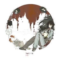  1girl black_hair blood blood_from_eyes blood_on_face chibi chibi_inset closed_eyes closed_mouth commission dirty dirty_clothes dot_mouth dot_nose fish full_body hair_between_eyes highres jintian_de_hao_yueye_youdian_sang long_hair long_sleeves mihuashi_commission multiple_views one_eye_covered original pajamas pants sidelocks single_sleeve_past_fingers sleeping square striped_clothes watermark white_background 