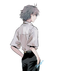  1boy black_pants closed_mouth commentary from_behind grey_hair hands_in_pockets highres male_focus nagisa_kaworu neon_genesis_evangelion pants red_eyes school_uniform shirt_tucked_in short_hair short_sleeves signature simple_background solo tokyo-3_middle_school_uniform white_background yorumi1117 