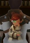  1boy 1girl adventurer_(ff14) brown_eyes brown_hair commentary cup double_bun english_commentary final_fantasy final_fantasy_xiv hair_bun hand_on_own_face hyur jamjamstyle lalafell long_sleeves momodi_modi pointy_ears redhead scanner short_hair short_sleeves sleeves_past_wrists smile swept_bangs transparent 