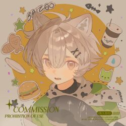  1boy animal_ears antenna_hair bao_rong brown_eyes brown_hair cat_boy coffee commission cup disposable_coffee_cup disposable_cup drinking_straw eyelashes fang fish_skeleton_hair_ornament hair_between_eyes hair_ornament hairpin highres long_sleeves looking_at_viewer lower_teeth_only male_focus mihuashi_commission open_mouth original scarf short_hair sidelocks sleeves_past_fingers sleeves_past_wrists solo speech_bubble square teeth tongue upper_body watermark 