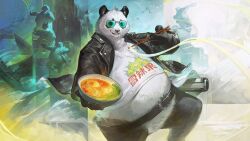  1boy animal_ears aqua-tinted_eyewear arknights arknights:_endfield belt black_fur black_jacket bowl chopsticks da_pan_(arknights) fat fat_man food furry furry_male glasses highres holding holding_bowl holding_chopsticks holding_with_chopsticks jacket kunaru_(799865444232548352) leather leather_jacket looking_at_viewer male_focus multicolored_fur noodles official_art open_clothes open_jacket panda_boy panda_ears second-party_source solo statue tinted_eyewear white_fur 