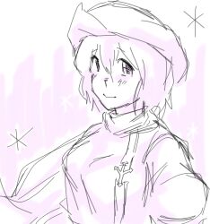  1girl black_outline highres lap_pillow letty_whiterock limited_palette long_sleeves looking_at_viewer medium_hair outline purple_theme scarf shirt solo spot_color takoajisoosu touhou triangular_headpiece 