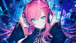  1girl blue_eyes blurry blurry_background commentary detached_sleeves hands_on_headphones head_tilt headphones hibikase_(vocaloid) high_collar highres lightning long_hair long_sleeves looking_at_viewer megurine_luka pink_hair portrait shirt sleeveless sleeveless_shirt unf_(unotfound_404) vocaloid 