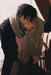  1boy 1girl black_coat black_hair black_necktie blonde_hair closed_eyes coat earrings french_kiss fullmetal_alchemist hair_down hand_on_another's_back high_collar highres jacket jewelry kiss long_hair long_sleeves loose_necktie necktie riza_hawkeye roy_mustang scarf shirt stud_earrings white_jacket white_scarf white_shirt wlyuzu 