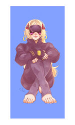  1girl absurdres black_gloves black_pants blindfold_mask blonde_hair camouflage covered_eyes feet fingerless_gloves foot_focus gloves hair_ornament highres junssockdrawer long_hair mask pants ponytail smile solo stirrup_legwear toeless_legwear trigger_(zenless_zone_zero) zenless_zone_zero 