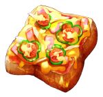  absurdres bell_pepper bell_pepper_slice cheese commentary_request food food_focus green_pepper highres no_humans oikawa_2301 original pizza_toast simple_background white_background 