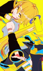  1girl 3d 3ito_nazuia akita_neru bare_shoulders black_boots black_shorts black_skirt black_sleeves blonde_hair boots cellphone collared_shirt detached_sleeves floating floating_object grey_shirt hair_between_eyes hair_tie hashtag-only_commentary highres long_hair mikumikudance_(medium) miniskirt open_mouth phone shirt shorts shorts_under_skirt shoulder_tattoo side_ponytail skirt sleeveless sleeveless_shirt smartphone solo tattoo thigh_boots very_long_hair vocaloid yellow_background yellow_eyes yellow_theme yellow_trim 