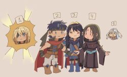  2girls 3boys azura_(fire_emblem) blonde_hair blue_eyes blue_hair cape capelet charmwitch closed_eyes closed_mouth commentary deformed dimitri_alexandre_blaiddyd dimitri_alexandre_blaiddyd_(timeskip) english_commentary eyepatch fire_emblem fire_emblem:_radiant_dawn fire_emblem:_three_houses fire_emblem_awakening fire_emblem_fates fire_emblem_heroes headband highres ike_(fire_emblem) long_hair lucina_(fire_emblem) multiple_boys multiple_girls short_hair soren_(fire_emblem) 