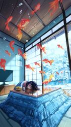  1girl black_hair blanket calendar_(object) closed_eyes commentary_request day fish food fruit highres indoors kotatsu long_hair mandarin_orange open_mouth original pond sanmen_(threeface_il) shouji sleeping sliding_doors snow table television tree 