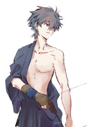  1boy absurdres alternate_costume arm_out_of_sleeve arrow_(projectile) bow_(weapon) closed_mouth collarbone cowboy_shot gloves grey_hair highres holding holding_arrow holding_bow_(weapon) holding_weapon male_focus nagisa_kaworu neon_genesis_evangelion partially_fingerless_gloves red_eyes short_hair simple_background solo weapon white_background yorumi1117 yugake 