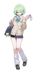  1girl absurdres aqua_bow aqua_bowtie bag black_shoes bow bowtie braid brown_cardigan cardigan cellphone character_doll chico_(yuzuha_riko) collared_shirt doll dress_shirt four-leaf_clover_ornament full_body green_hair grey_bag grey_skirt handbag hashtag-only_commentary highres holding holding_phone long_sleeves loose_socks multicolored_hair one_eye_closed open_mouth phone plaid_clothes plaid_skirt pleated_skirt shirt shoes short_hair simple_background skirt socks solo stellive streaked_hair tay_(cdjk7758) violet_eyes virtual_youtuber white_background white_hair white_shirt white_socks yuzuha_riko 