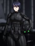  1girl black_bodysuit black_headwear blurry blurry_background bodysuit carrying carrying_under_arm closed_mouth commentary deathtrooper depth_of_field english_commentary hair_between_eyes headwear_removed helm helmet helmet_removed purple_hair scar scar_on_cheek scar_on_face signature solo standing star_wars violet_eyes zxpfer 