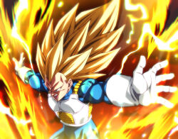 1boy blonde_hair blue_bodysuit bodysuit commentary_request dragon_ball dragon_ball_daima final_flash green_eyes long_hair no_eyebrows open_mouth outstretched_arms rom_(20) saiyan_armor sparkle sparkling_aura spiky_hair super_saiyan super_saiyan_3 vegeta yellow_aura 