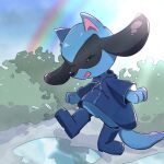  blue_footwear boots bush closed_eyes commentary_request day happy highres no_humans open_mouth outdoors pokemon pokemon_(creature) pond rainbow raincoat reflection riolu smile tail takap_oekaki 