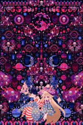  1girl absurdres american_flag_dress american_flag_legwear black_hole blonde_hair boku_(isizakitakasi) bright_pupils clownpiece commentary_request crescent_moon hair_between_eyes hat highres jester_cap knees_up long_hair long_sleeves moon neck_ruff open_mouth planet planetary_ring purple_nails purple_theme ribs skull smile smoke solo sparkle star_(symbol) touhou violet_eyes white_pupils 